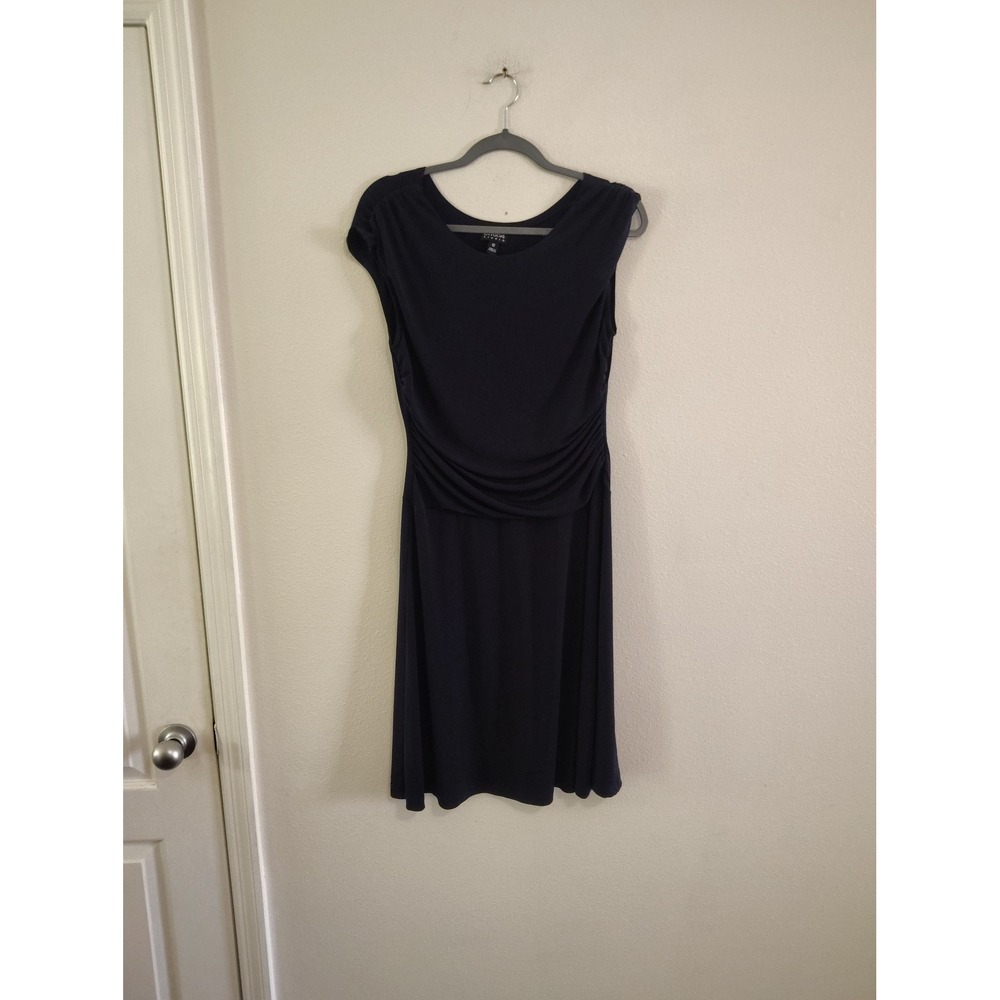 En Focus Studio Womens Navy Blue Ruched Sheath Dress Size 12 Scoop Neck Cocktail